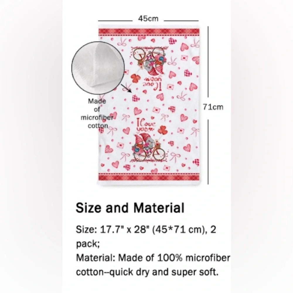 Valentine Gnomes by Bike Pink Love Hearts Dish Tea Towel